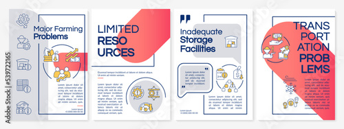 Major farming issues gray and red brochure template. Leaflet design with linear icons. Editable 4 vector layouts for presentation, annual reports. Questrial-Regular, Lato-Regular fonts used