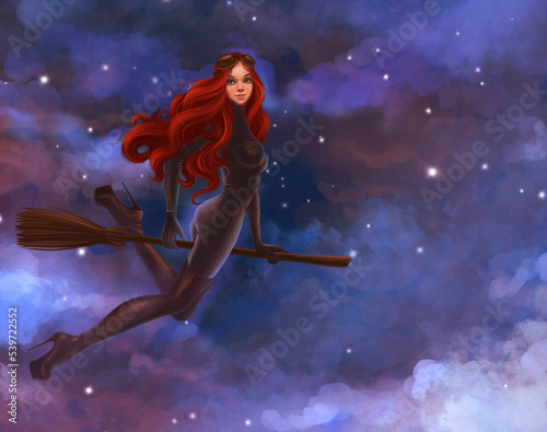 young red-haired witch flies on a broom against the background of the night sky  © Irina