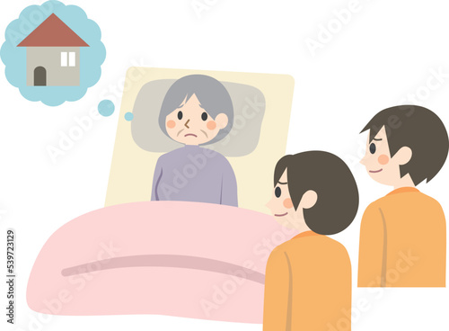 ベッドにいる高齢者　家に帰りたい