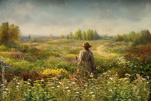 woman on wield field flowers and herbs blue cloudy sky summer spring nature landscape paint 