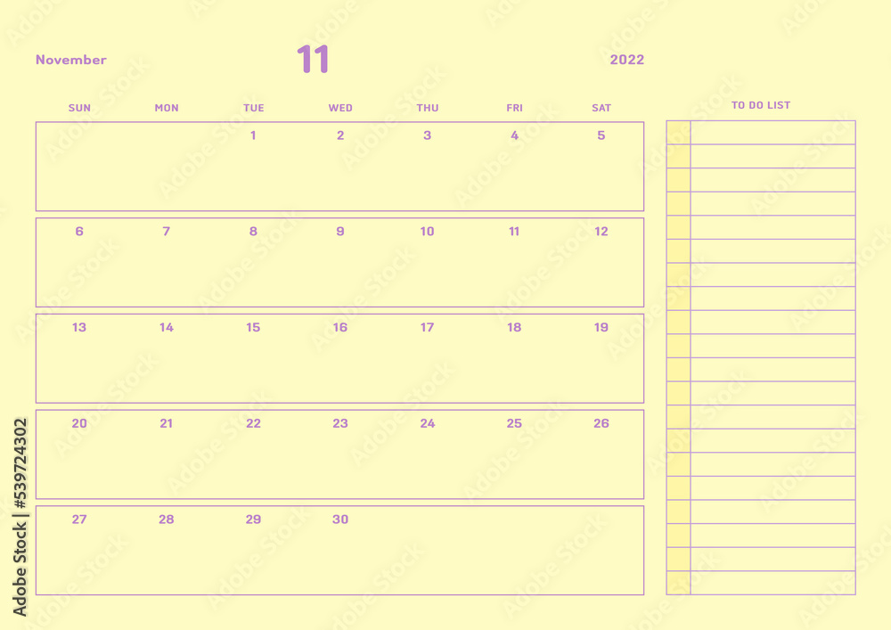 November 2022 simple design digital and printable calendar template illustration. Notes, scheduler, diary, calendar, memo, planner document template background. November 2022 simple design digital and printable calendar template illustration. Notes, scheduler, diary, calendar, memo, planner document template background.