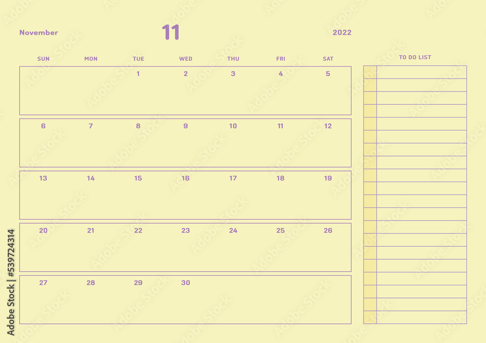 November 2022 simple design digital and printable calendar template illustration. Notes, scheduler, diary, calendar, memo, planner document template background. November 2022 simple design digital and printable calendar template illustration. Notes, scheduler, diary, calendar, memo, planner document template background.