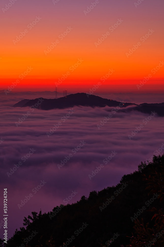 Scenic view of the city under the fog during sunrise