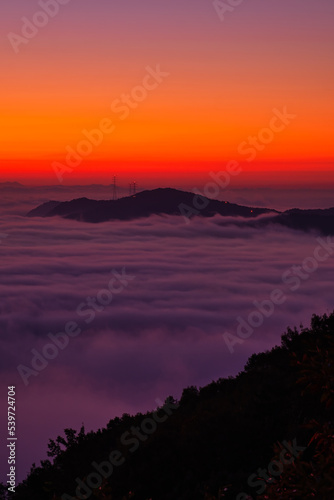 Scenic view of the city under the fog during sunrise © Sangoh