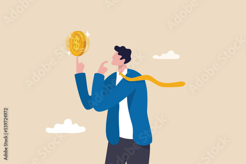 Money thinking, financial decision or choosing investment to make profit or earning, salary or income idea, expense, cost or spending concept, businessman look at spinning coin thinking of profit.
