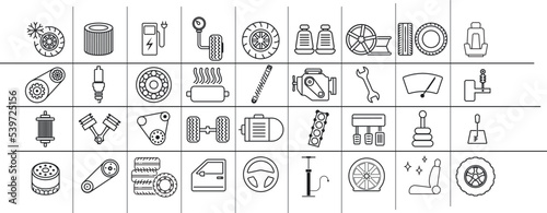 set of 36 flat car parts web icons in line style such as car numberplate