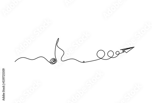 Abstract whole note with paper plane as continuous lines drawing on white background