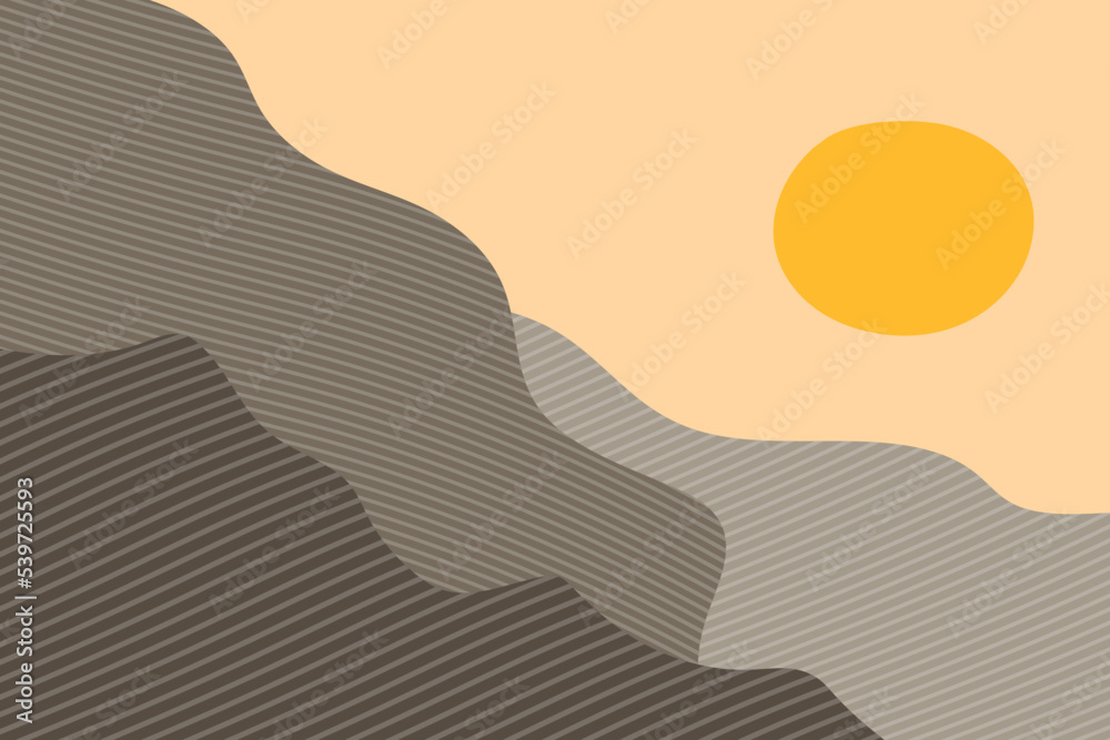 Contemporary drawing vector template poster design with mountains and sun. Abstract hand drawn mountain landscape.