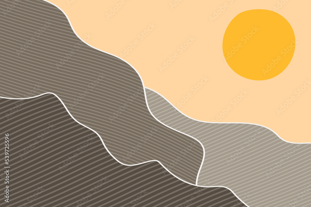 Contemporary drawing vector template poster design with mountains and sun. Abstract hand drawn mountain landscape. Contemporary drawing vector template poster design with mountains and sun. Abstract hand drawn mountain landscape.