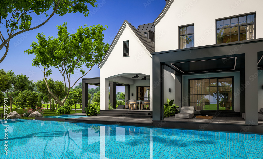 Fototapeta premium 3d rendering of cute cozy white and black modern Tudor style house with parking and pool for sale or rent with beautiful landscaping. Fairy roofs. Clear sunny summer day with blue sky.