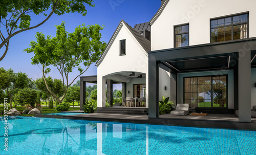 3d rendering of cute cozy white and black modern Tudor style house with parking and pool for sale or rent with beautiful landscaping. Fairy roofs. Clear sunny summer day with blue sky.