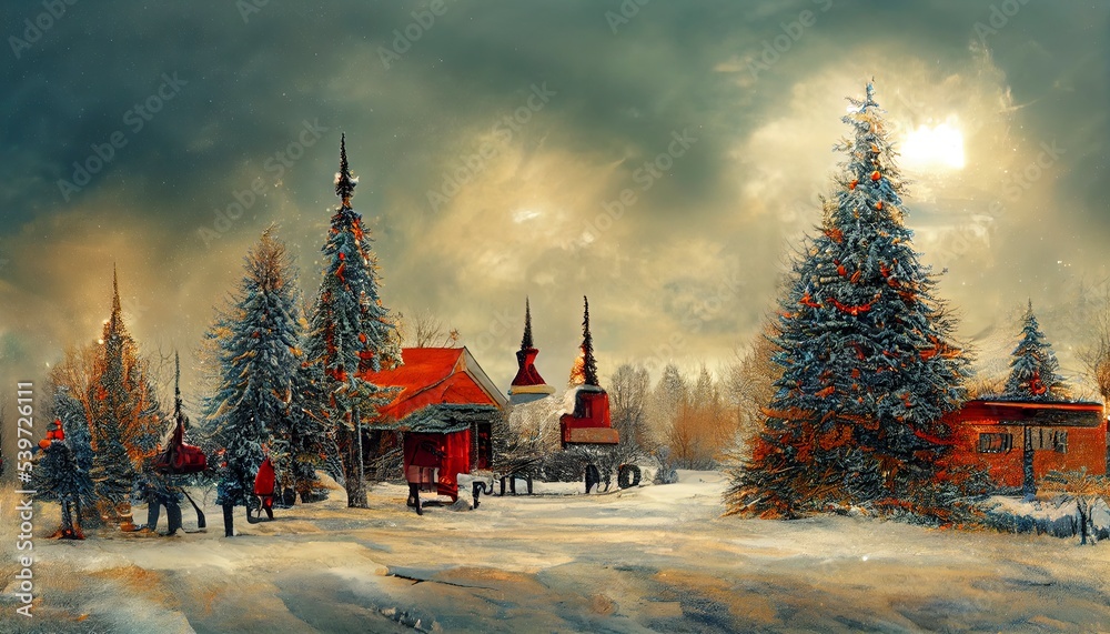 Winter scenery illustration background backdrop. Christmas season background. Illustration for art projects or as illustration. 