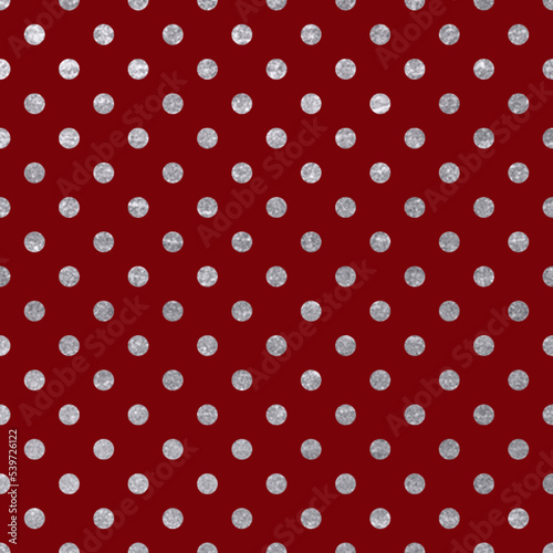 Seamless silver shimmer glitter polka dot pattern on red background.