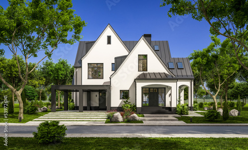 3d rendering of cute cozy white and black modern Tudor style house with parking and pool for sale or rent with beautiful landscaping. Fairy roofs. Clear sunny summer day with blue sky.