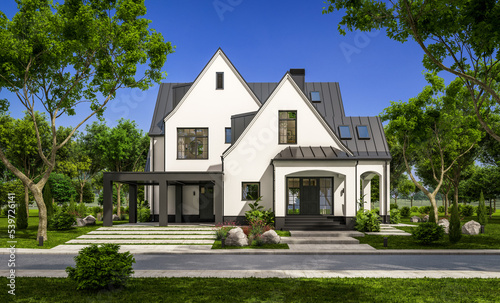 3d rendering of cute cozy white and black modern Tudor style house with parking  and pool for sale or rent with beautiful landscaping. Fairy roofs. Clear sunny summer day with blue sky.