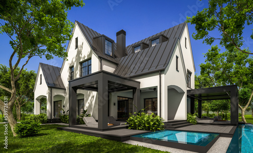 3d rendering of cute cozy white and black modern Tudor style house with parking  and pool for sale or rent with beautiful landscaping. Fairy roofs. Clear sunny summer day with blue sky.