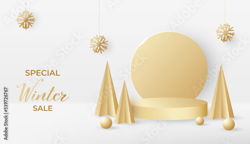 Abstract 3D room with realistic cylindrical podium. Minimal scene for product display and winter sales. Vector geometric platform with golden Christmas trees, snowflakes and spheres.