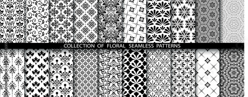Geometric floral set of seamless patterns. White and black vector backgrounds. Simple illustrations.