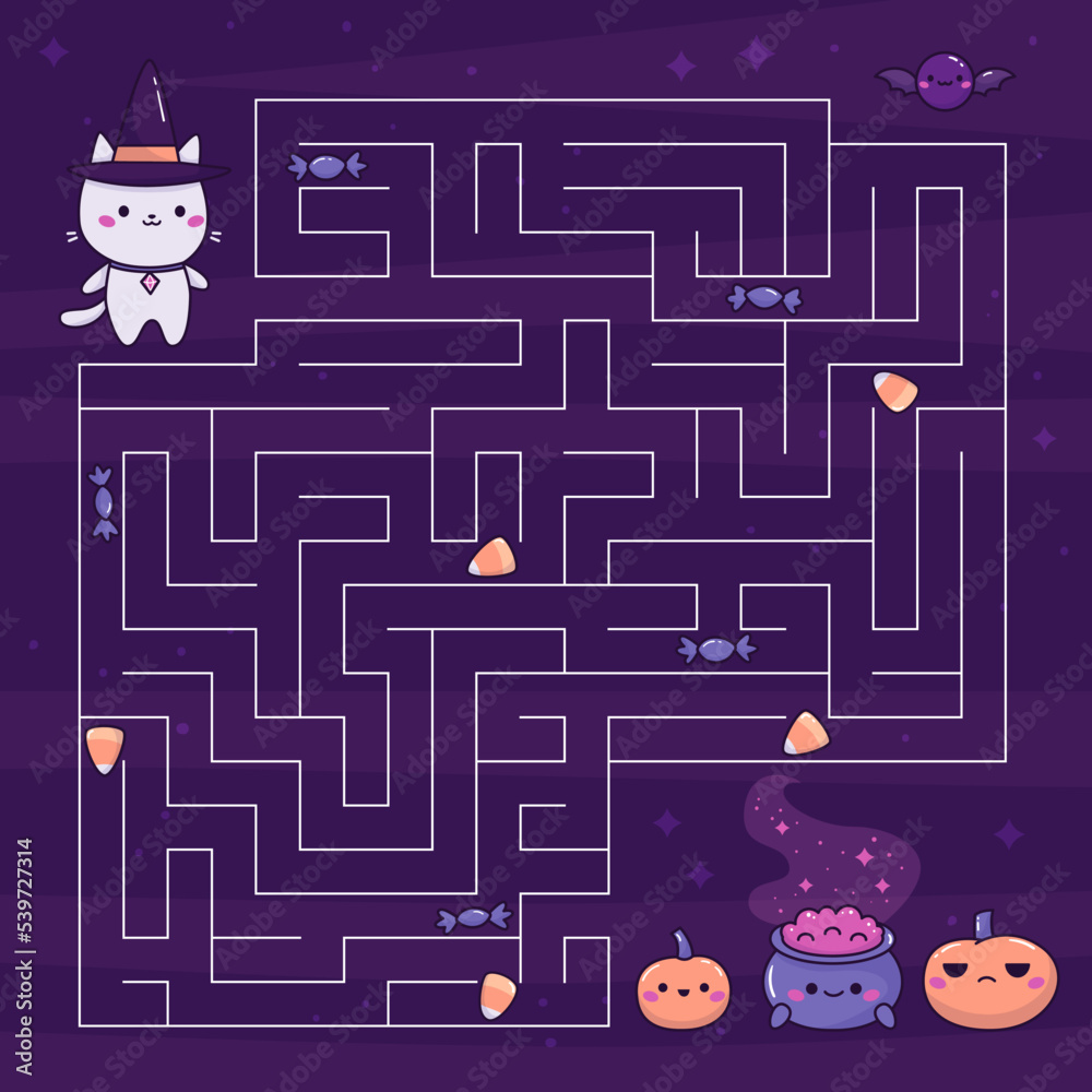 Halloween maze game with cute cat, pumpkins, bat and potion cauldron ...