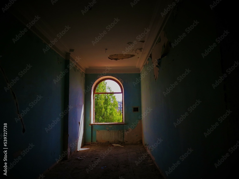 Abandoned hotel room with peeling blue wallpaper and green tree outside