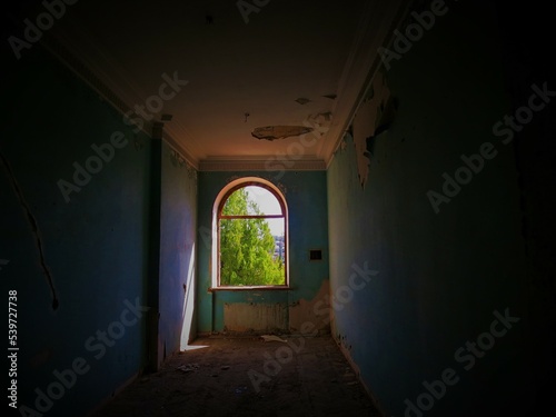 Abandoned hotel room with peeling blue wallpaper and green tree outside