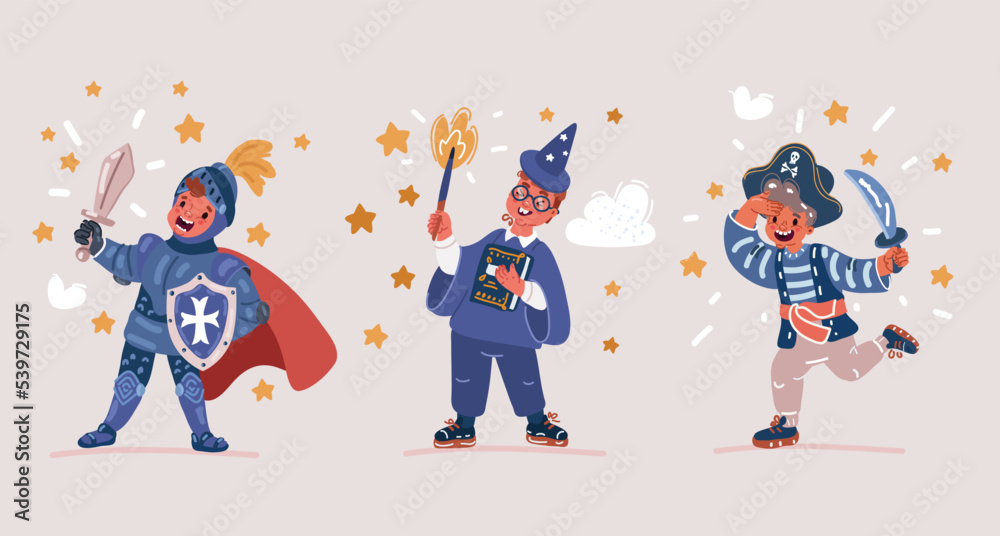 Fototapeta premium Vector illustration of Little BoyWearing Animal Costumes Waving Hand and Having Fun Knight, pirate, wizard with magic wand. Children's party