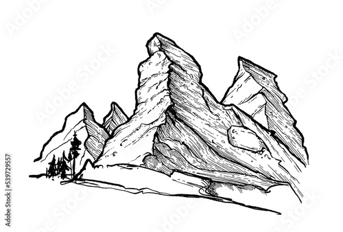 Mountain with pine trees and landscape black on white background. Hand drawn rocky peaks in sketch style.	
