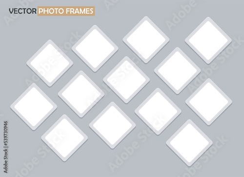 13 empty rhombus photo frames. Set of square photo cards. Vector realistic Mockup for design, presentations, photos, collages. Blank template on gray. EPS10. 