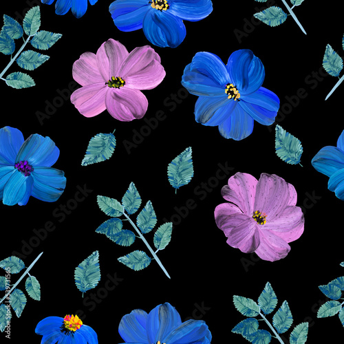 Seamless vector pattern of abstract painting blue and pink flowers. Original hand drawn, impressionism style, color texture, brush strokes of paint, art background.