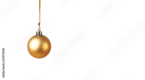 golden christmas ball hanging in front of a white background