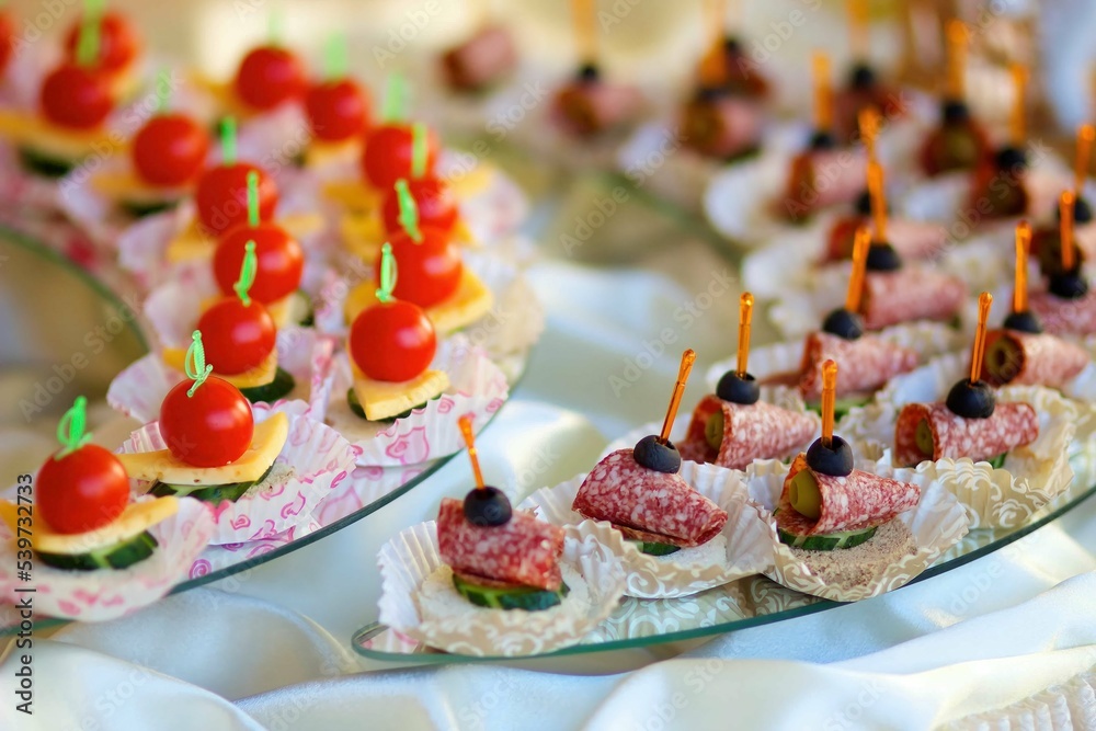 Assorted canapes and various delicacies on the festive table. Snacks for guests at the event.