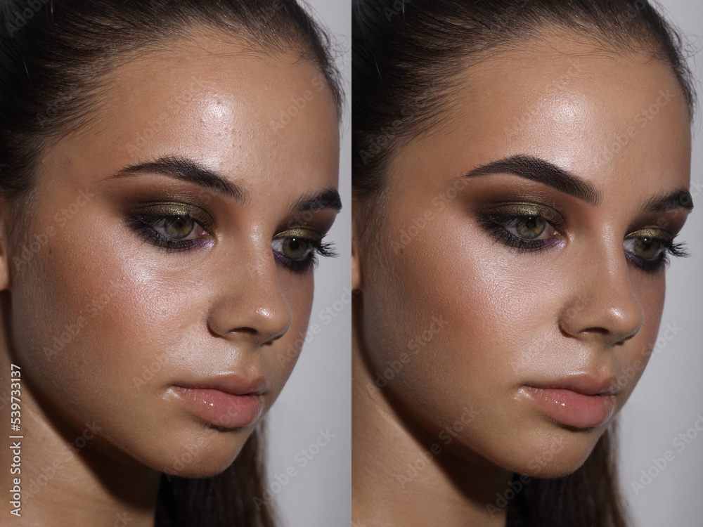 Portrait of young woman before and after retouch Portrait of young woman before and after retouch