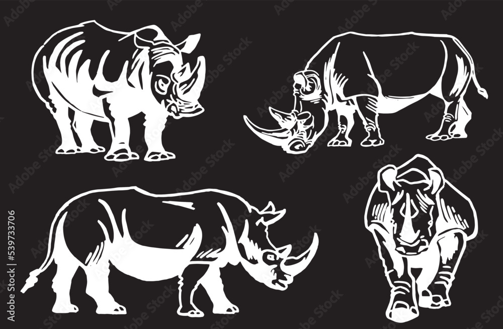 Vector set of rhinoceroses on black isolated,graphical drawing. Stylish print elements, savanna habitant