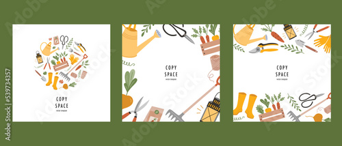 Gardening template collection, composition with horticulture tools, square templates with copy space, vector arrangements with pruning shears, rubber boots, rake