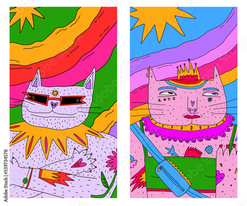 set of 1970 psychedelic poster, hippie poster.Cool placard with cat biker,rave, rainbow,party.Funky 70s good vibes,trippy art.Modern naive concept.00s template aesthetics.2000s trippy background