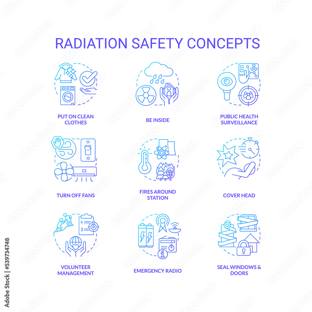 Radiation safety blue gradient concept icons set. Radioactive contamination surviving idea thin line color illustrations. Isolated symbols. Roboto-Medium, Myriad Pro-Bold fonts used