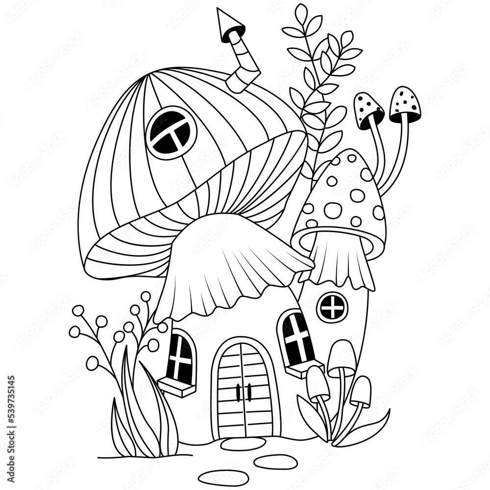 Cute mushroom house with flowers decoration outline artwork coloring
