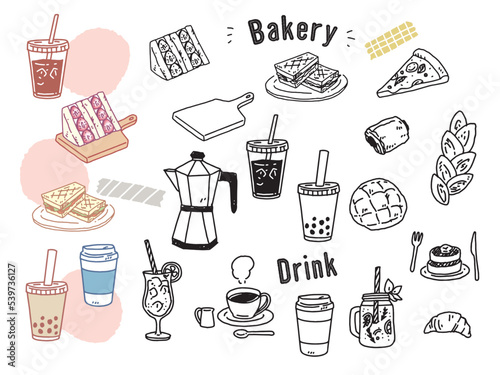 白黒、モノトーン、線画のイラスト(手書き、オシャレ、雑誌、ファッション、カフェ、パン屋) Black and white, monotone, and line drawing illustrations.Handwritten, stylish, magazine, fashion, cafe, bakery.