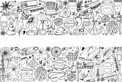 Fototapeta Naklejka Na Ścianę i Meble -  Sauna accessories sketches. Hand drawn doodle spa items collection. Vector outline object