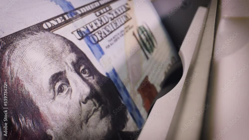American Dollars Cash Money. Closeup Currency Counting Machine Counts Dollar Bills. Save Money Concept Currency Exchange. Bill Counter. 100 dollar Notes