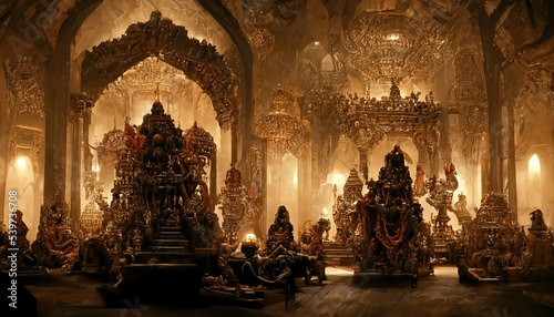 AI generated image of the interiors of an ancient Indian palace throne room lit at night and lined with gold
