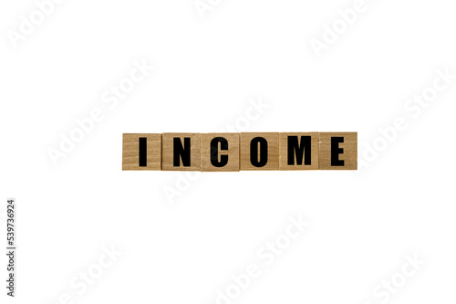 Wooden blocks with black letters saying Income on white background
