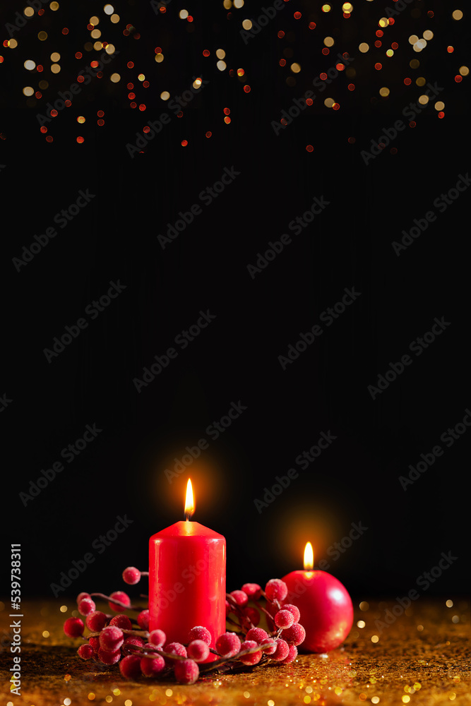 Merry Christmas and Happy New Year! Red candles on gold and black background