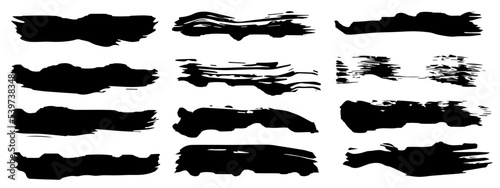 Vector collection of artistic grungy black paint hand made creative brush stroke set isolated on banner background. A group of abstract grunge sketches for design education or graphic art decoration