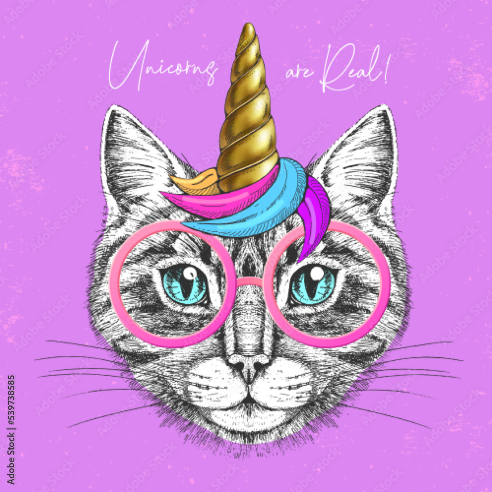 Handrawing animal cat wearing cute glasses with unicorn horn. T-shirt graphic print. Vector illustration