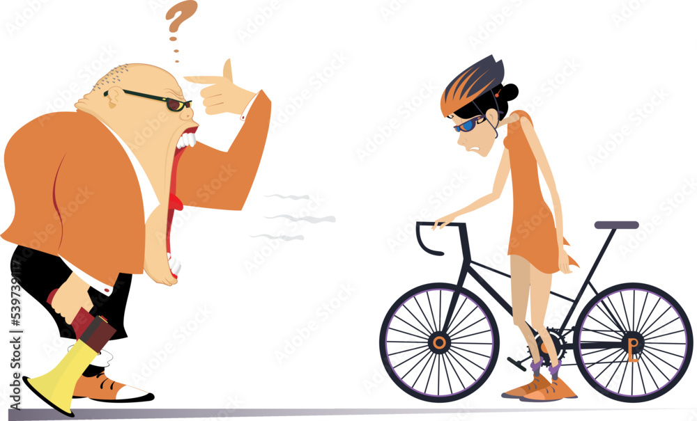 Cycling. Illustration of cyclist and angry coach. Strict trainer with ...