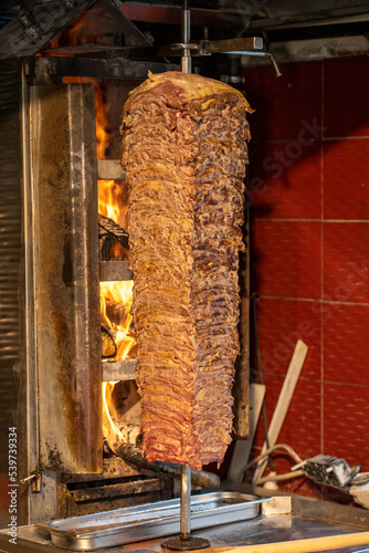 Turkish meat doner. Meat cooked in wood fire is doner. Traditional Turkish cuisine delicacies