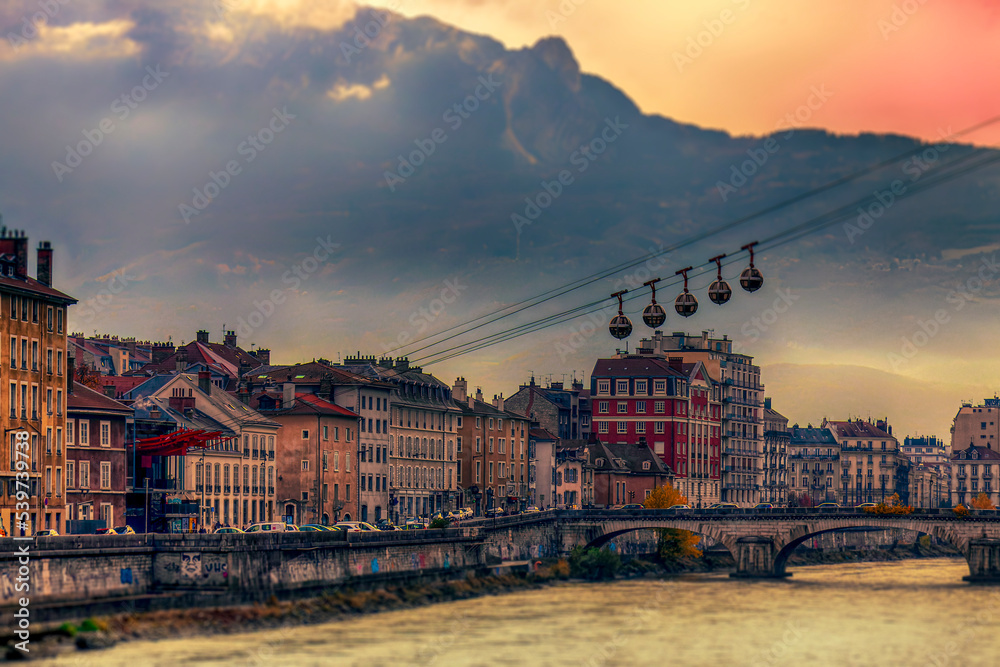 Fototapeta premium Grenoble France 11 2021 view of Grenoble from the heights of the Bastille, the city is known for its cable car which is nicknamed 