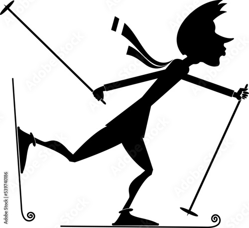 Illustration of young skier man. 
Winter sport. Young man skiing. Black on white background
