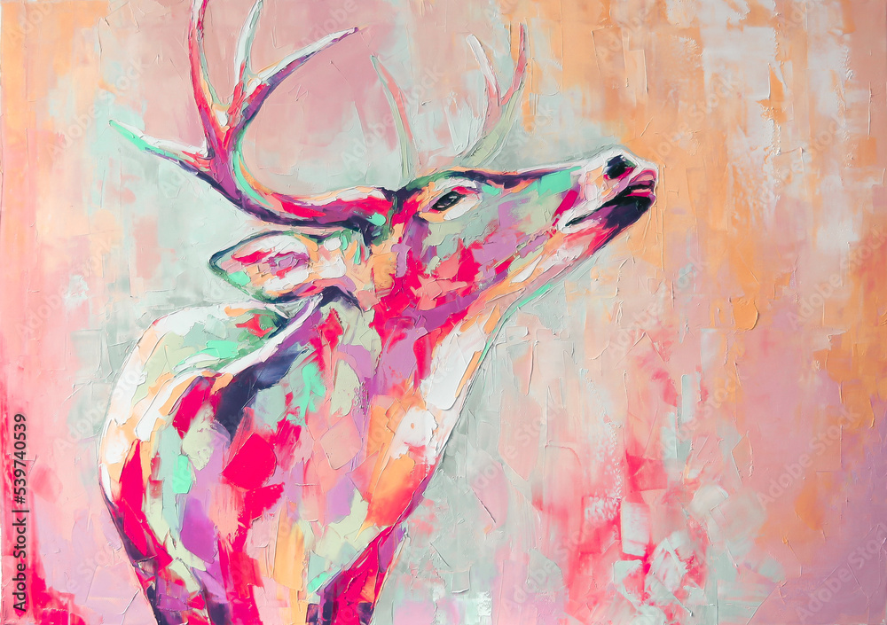Oil deer portrait painting in multicolored tones. Closeup painting by oil and palette knife on canvas. Conceptual abstract painting of a deer muzzle. 
